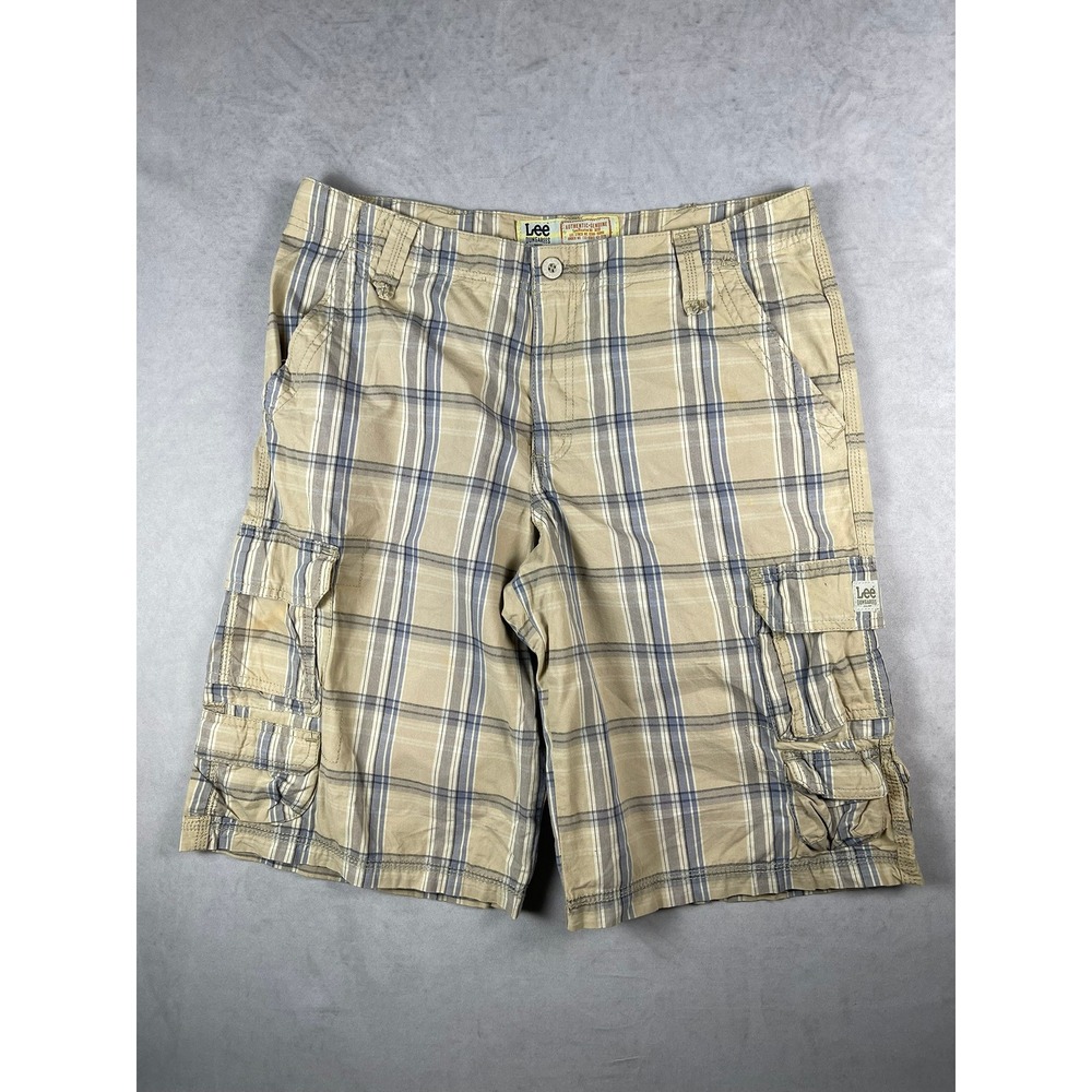 Lee Dungarees Mens Plaid Cargo Shorts Tan Blue 100 Cotton‎ Size 18 Husky 3232